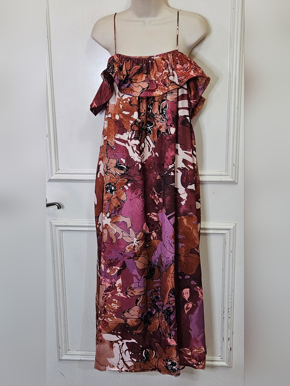 TCEC Ruffled Spaghetti Strap Maxi Dress in Rust, Burgundy, Pink Floral Print
